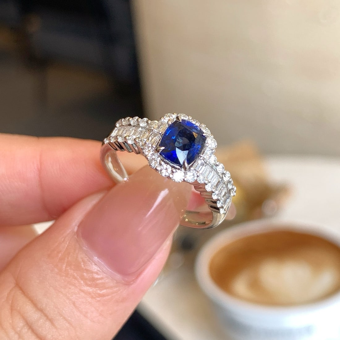 14k Gold 0.9 Ct Natural Sapphire & Diamond Ring: Ref:230948366 // gold content:14k gold // ring size:7. 25us // // main gemstone:sapphire // shape:cushion // carat weight:0. 9ct // color:blue // treatment:natural // // adjacent gemstone 2 : diamond