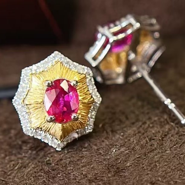 14k Gold 1 Ct Natural Ruby & Diamond Earrings - 2