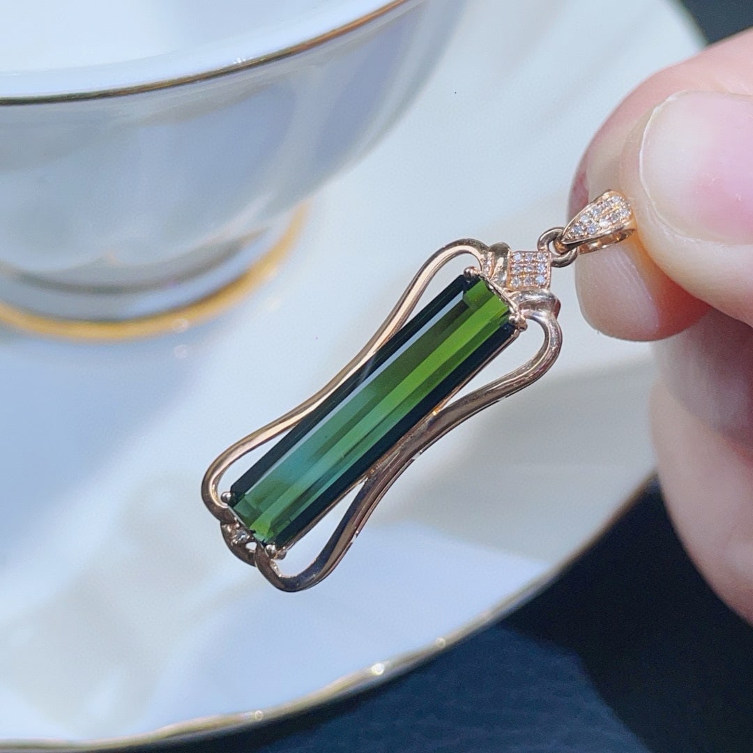 14k Gold 6.05 Ct Natural Tourmaline & Diamond Pendant( Without Chain ) - 2