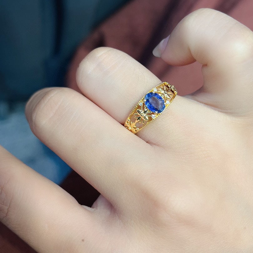 14k Gold 0.80 Ct Natural Sapphire & Diamond Ring - 4