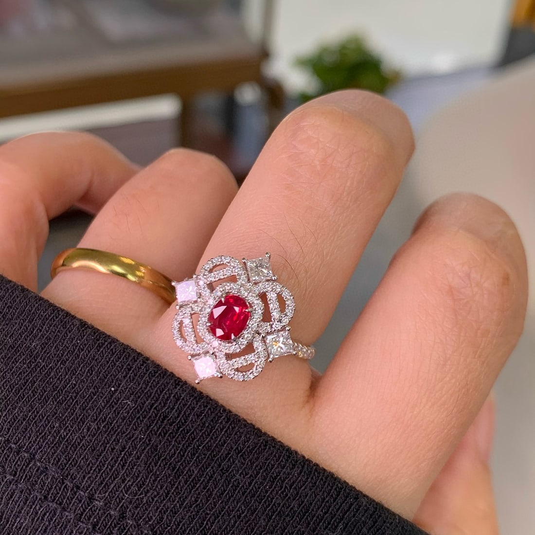 14k Gold 1.43 Ctw Natural Ruby & Diamond Ring: Ref:230948430 // gold content:14k gold // ring size:7. 25us // // main gemstone:ruby // shape:oval // carat weight:0. 52ct // color:pigeonblood red // treatment:natural // // adjacent gemstone 2 :