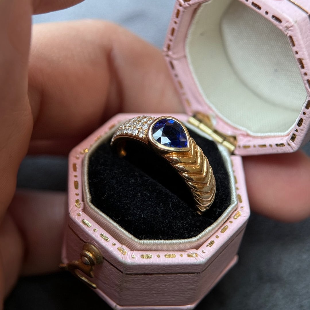 14k Gold 1.33 Ctw Natural Sapphire & Diamond Ring: Ref:230948433 // gold content:14k gold // ring size:7. 25us // // main gemstone:sapphire // shape:pear // carat weight:1. 12ct // color:blue // treatment:natural // // adjacent gemstone 2 :