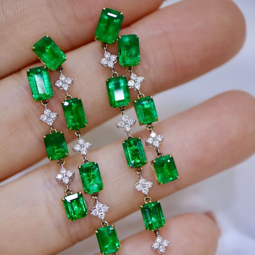 14k Gold 8.16 Ctw Vivid Green Natural Emerald & Diamond Earrings - 3