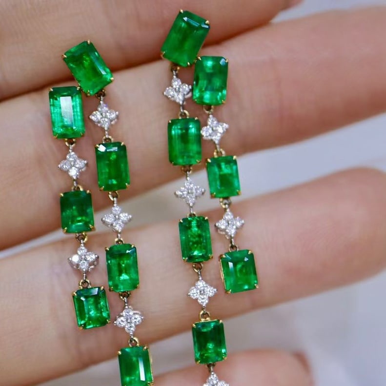 14k Gold 8.16 Ctw Vivid Green Natural Emerald & Diamond Earrings - 5