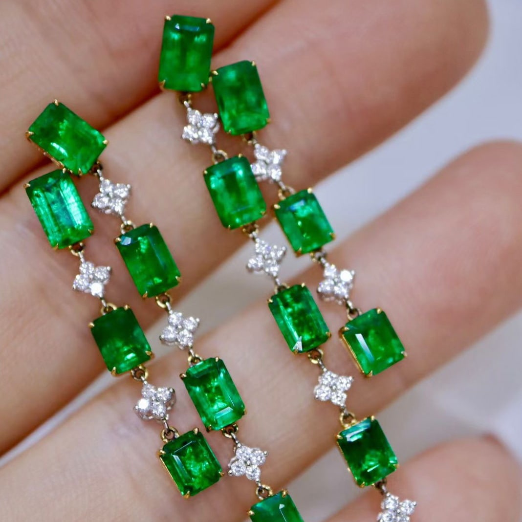 14k Gold 8.16 Ctw Vivid Green Natural Emerald & Diamond Earrings - 6