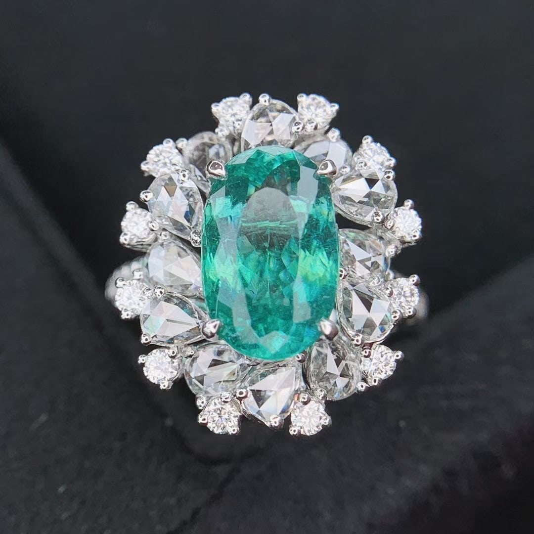 14k Gold 4.78 Ctw Natural Paraiba Tourmaline & Diamond Ring/pendant( Without Chain ): Ref:230949003 // gold content:14k gold // ring size:7. 25us // // main gemstone:paraiba tourmaline // shape:oval // carat weight:3. 36ct // color:neon green // treatment:natural // // adjacent gemston