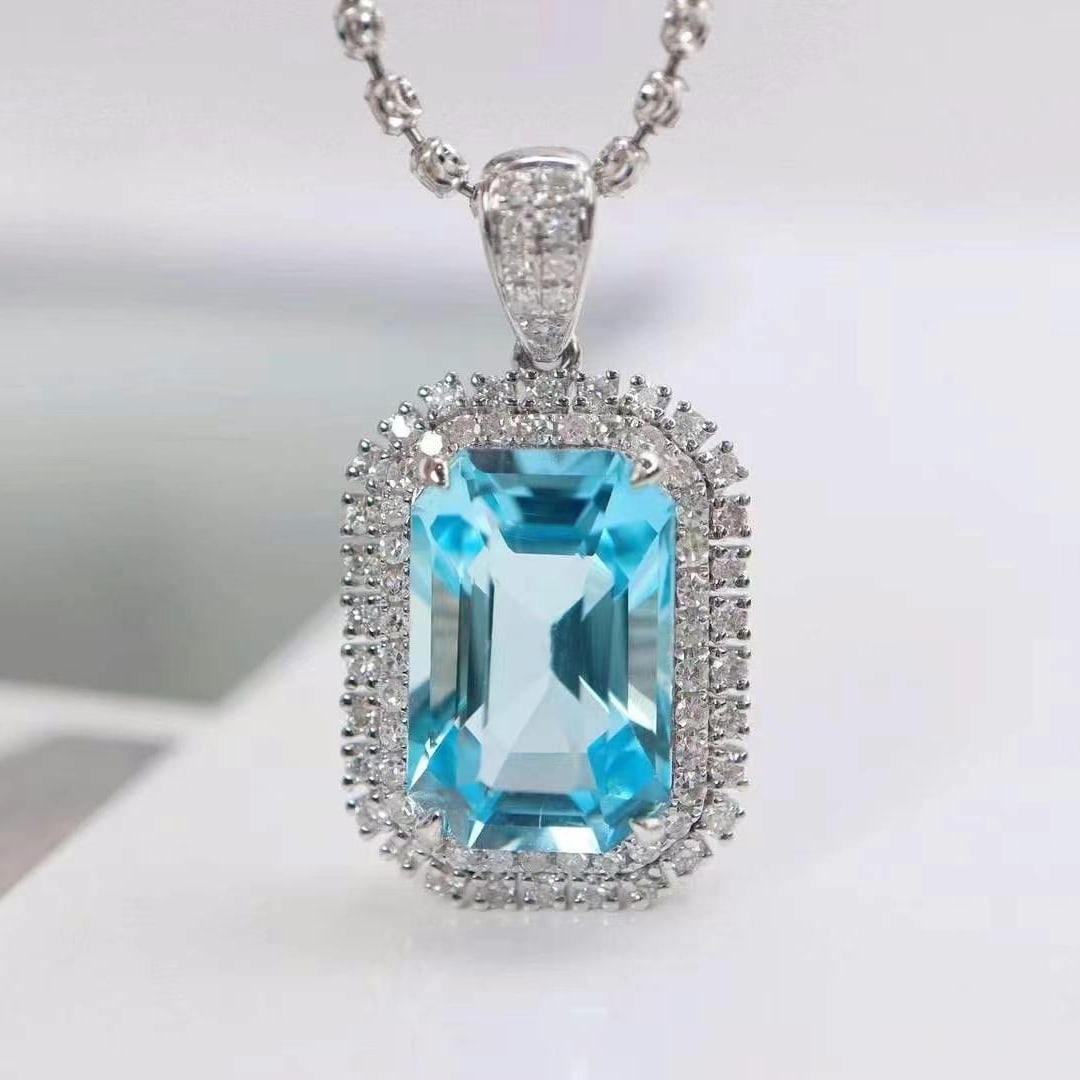 14k Gold 4.86 Ctw Natural Aquamarine & Diamond Pendant( Without Chain ) - 4