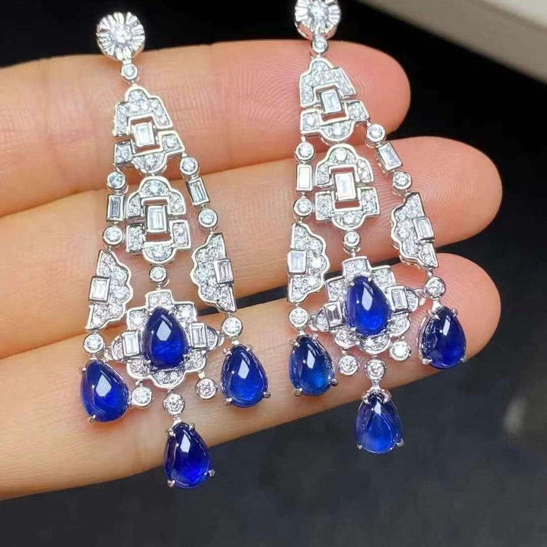 14k Gold 10.39 Ctw Natural Sapphire & Diamond Earrings - 3