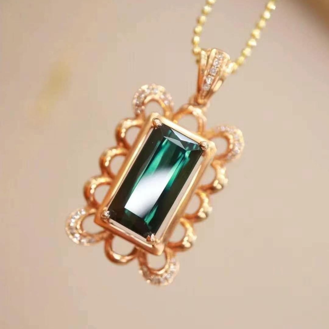 14k Gold 3.63 Ctw Natural Tourmaline & Diamond Pendant( Without Chain ) - 2