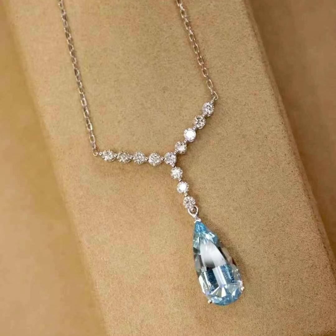 14k Gold 2.36 Ctw Natural Aquamarine & Diamond Necklace - 5