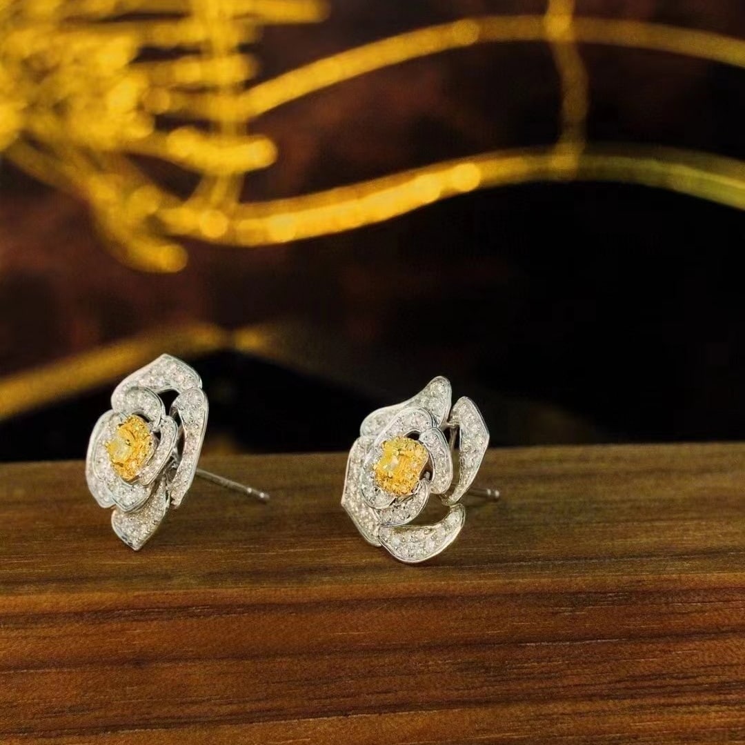 14k Gold 1.2 Ct Natural Color Diamond & Flowers Earrings - 3