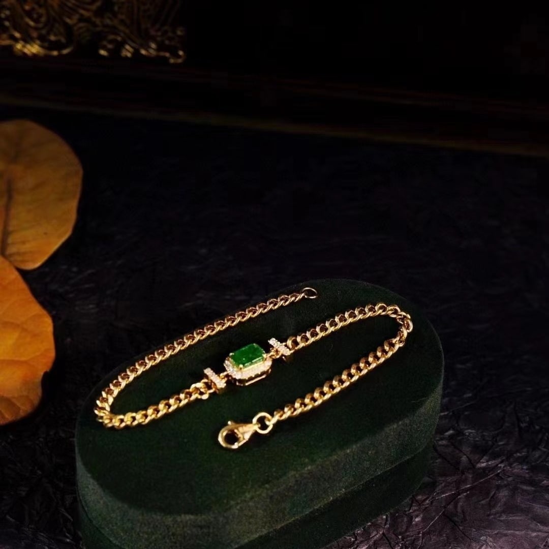 14k Gold 0.88 Ctw Vivid Green Natural Emerald & Diamond Bracelet - 3