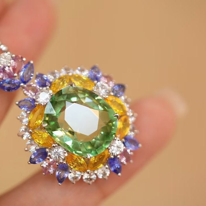 14k Gold 10 Ct Natural Tourmaline & Diamond & Sapphire Pendant( Without Chain ) - 4