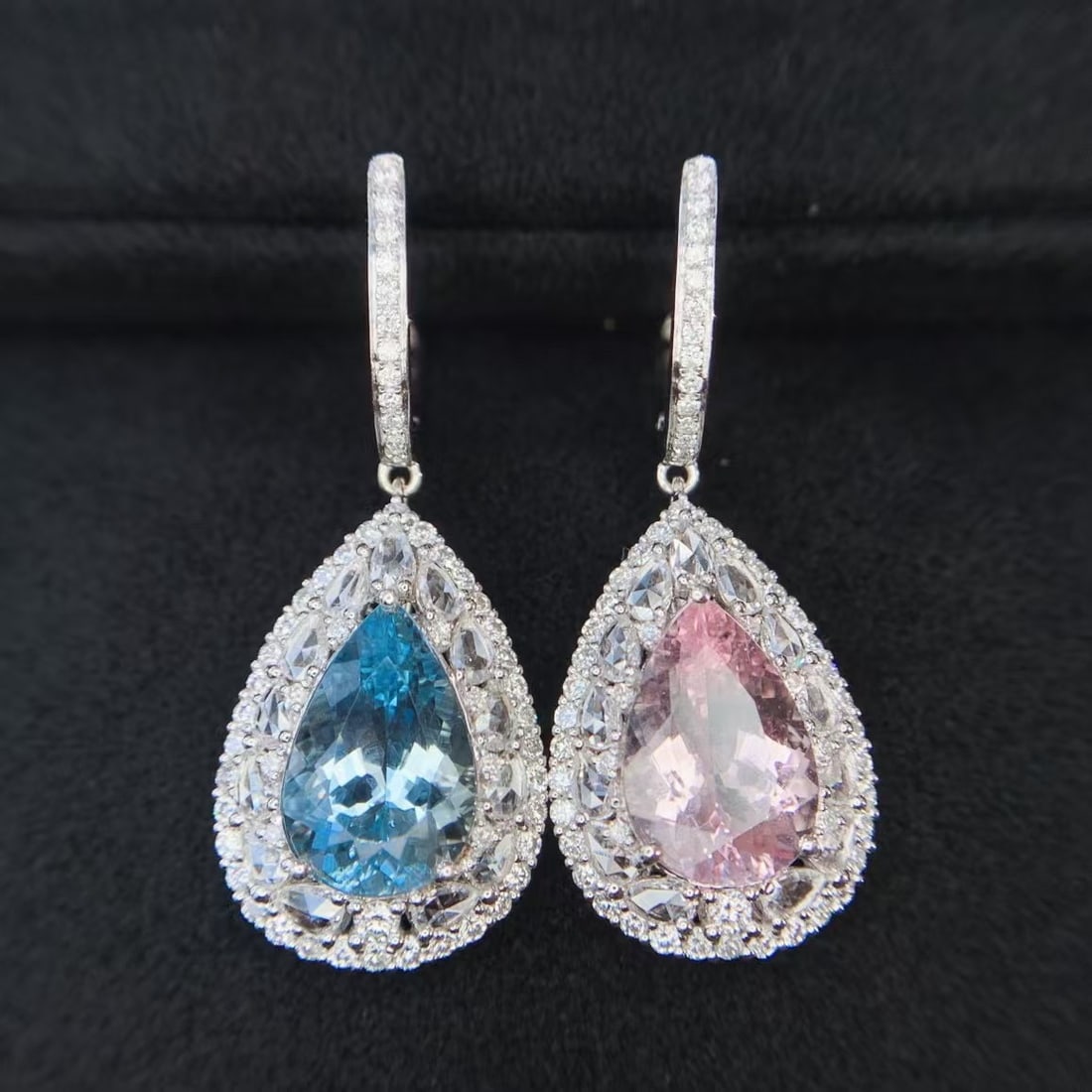 14k Gold 8.04 Ctw Natural Aquamarine & Morganite & Diamond Earrings: Ref:230949049 // gold content:14k gold // main gemstone:aquamarine & morganite // shape:pear // carat weight:6. 0ct // color:blue & pink // treatment:natural // // adjacent gemstone 2 : diamond //