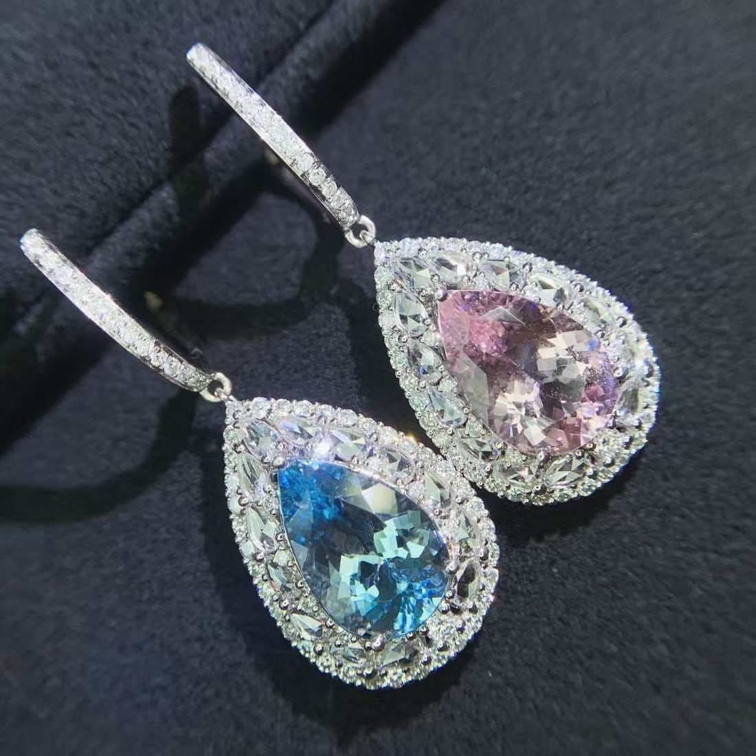 14k Gold 8.04 Ctw Natural Aquamarine & Morganite & Diamond Earrings - 2