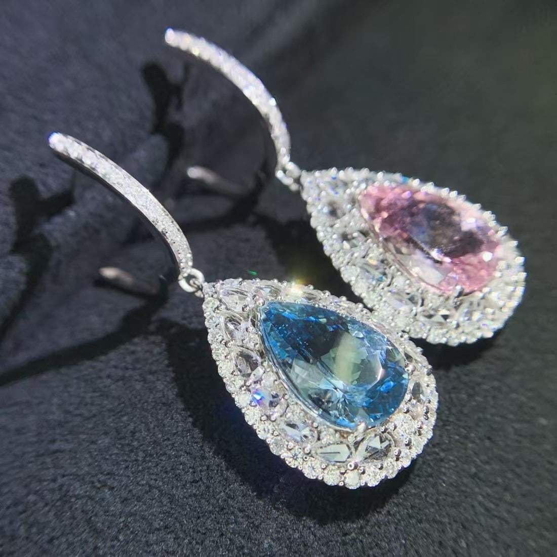 14k Gold 8.04 Ctw Natural Aquamarine & Morganite & Diamond Earrings - 5