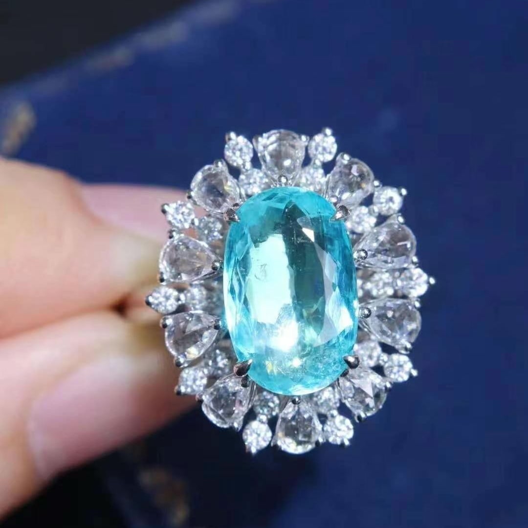 14k Gold 4.02 Ctw Natural Paraiba Tourmaline & Diamond Ring - 2