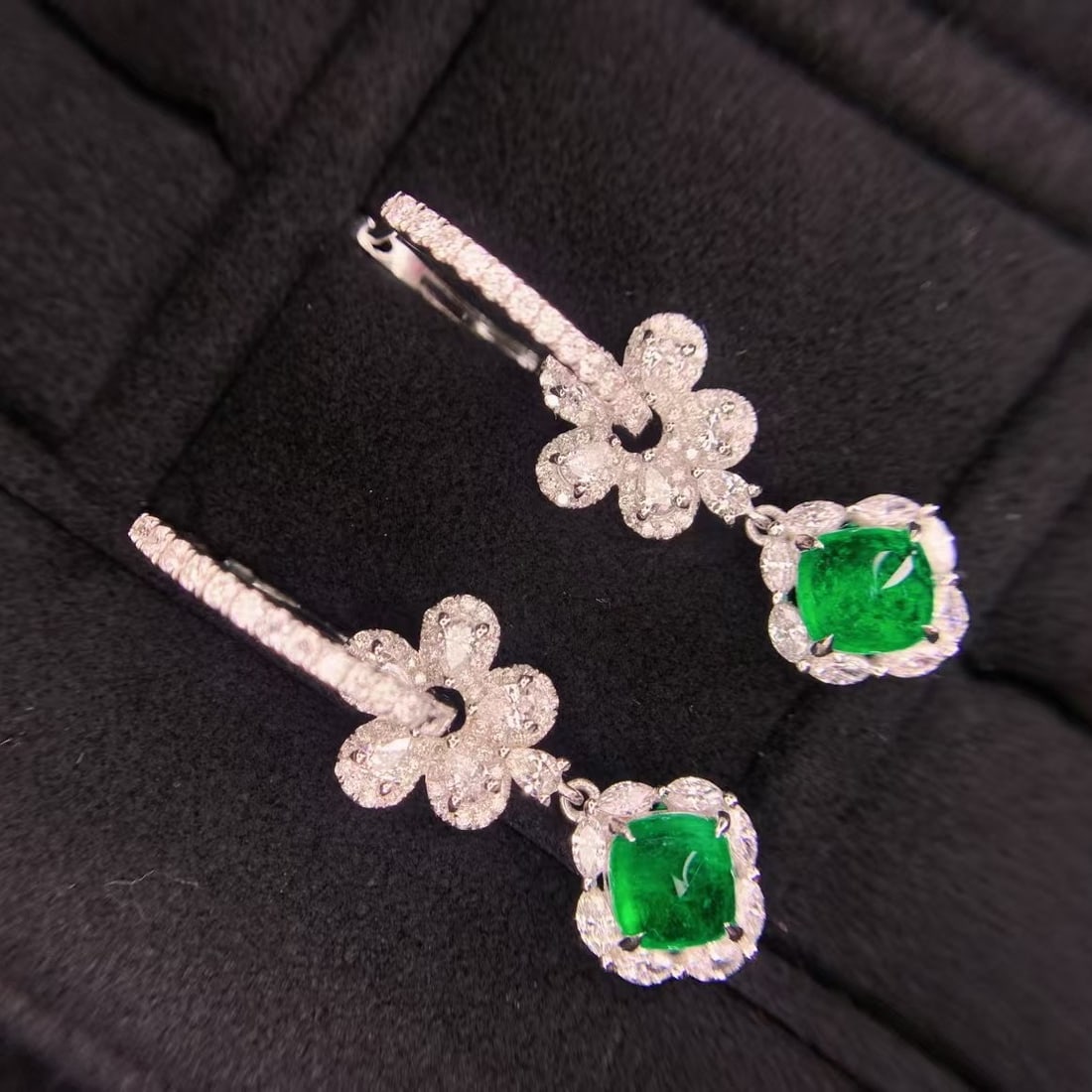 14k Gold 3.16 Ctw Vivid Green Natural Emerald & Diamond Earrings - 4