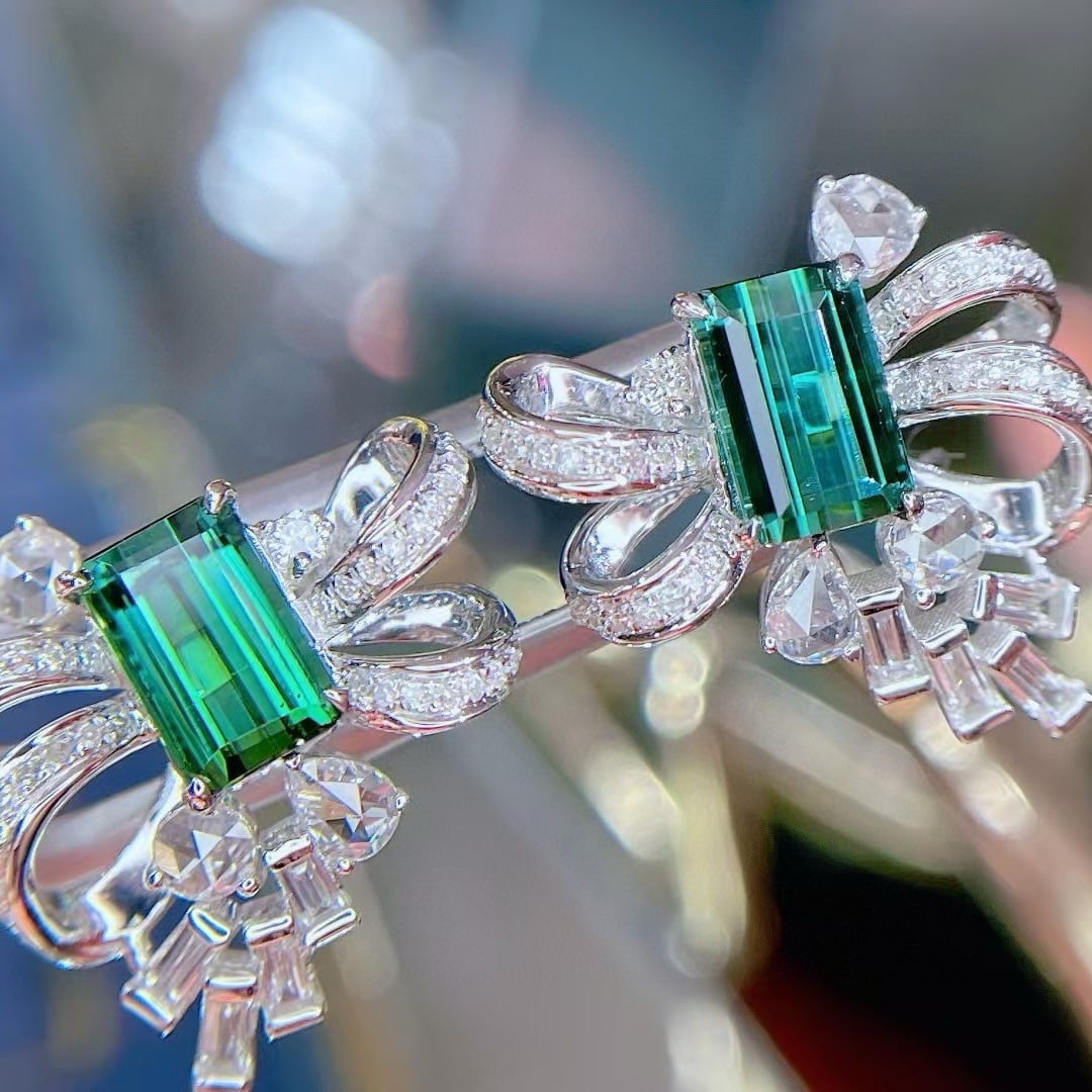 14k Gold 3.08 Ct Natural Tourmaline & Diamond Earrings - 4