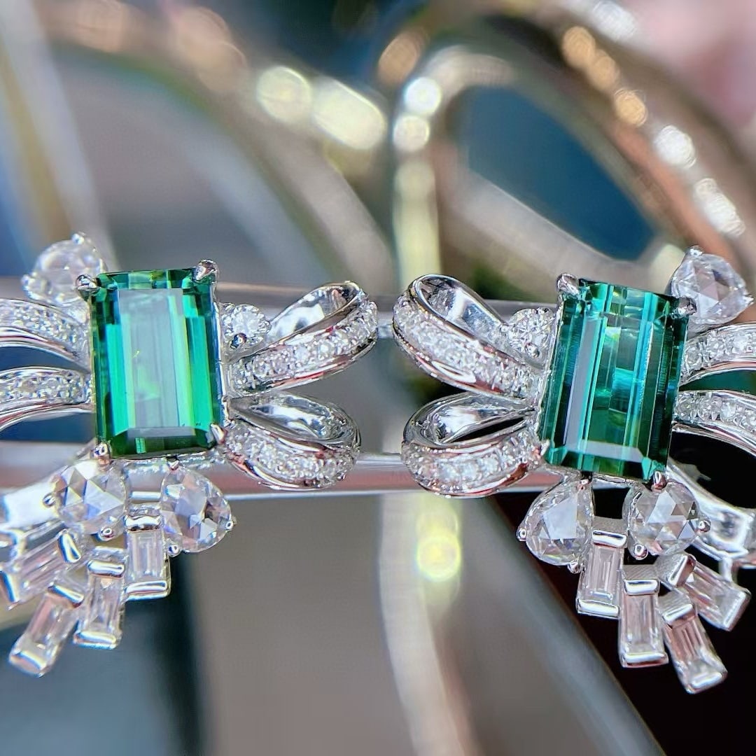 14k Gold 3.08 Ct Natural Tourmaline & Diamond Earrings - 5