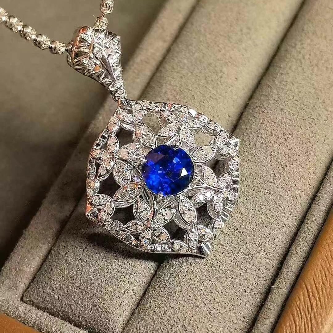 14k Gold 1.42 Ctw Natural Sapphire & Diamond Pendant( Without Chain ) - 2