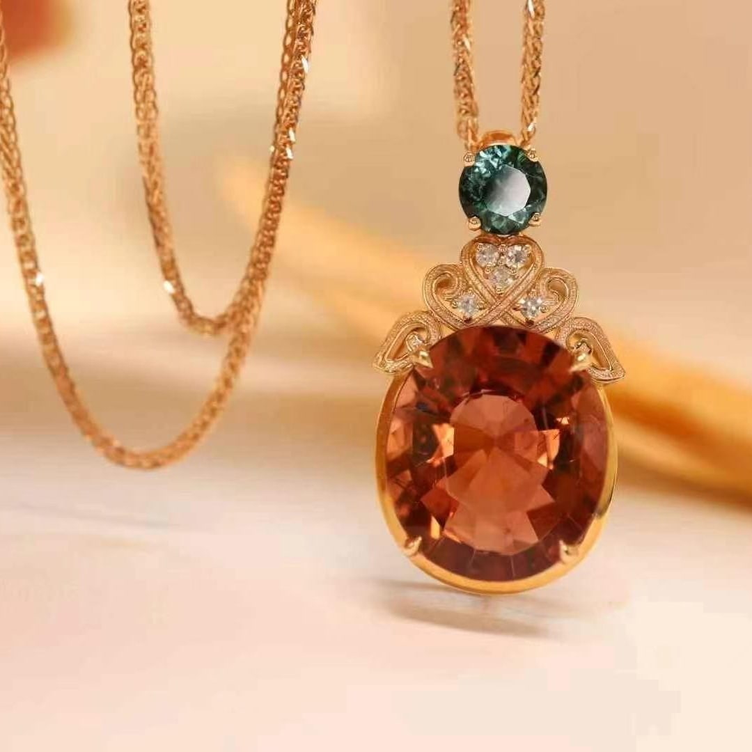 14k Gold 6.7 Ct Natural Tourmaline & Diamond Pendant( Without Chain ) - 2