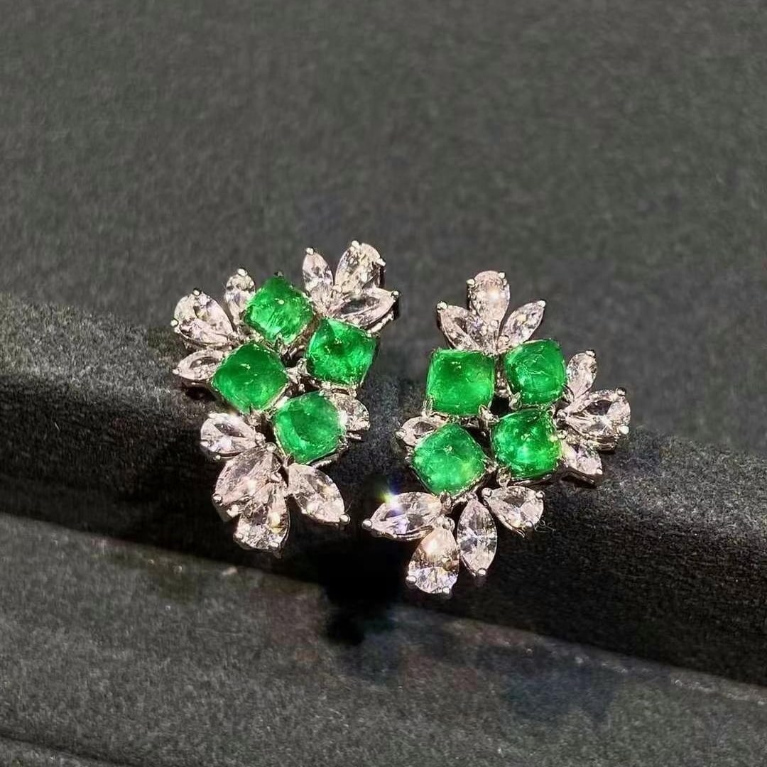 14k Gold 3.31 Ctw Vivid Green Natural Emerald & Sapphire Earrings - 2
