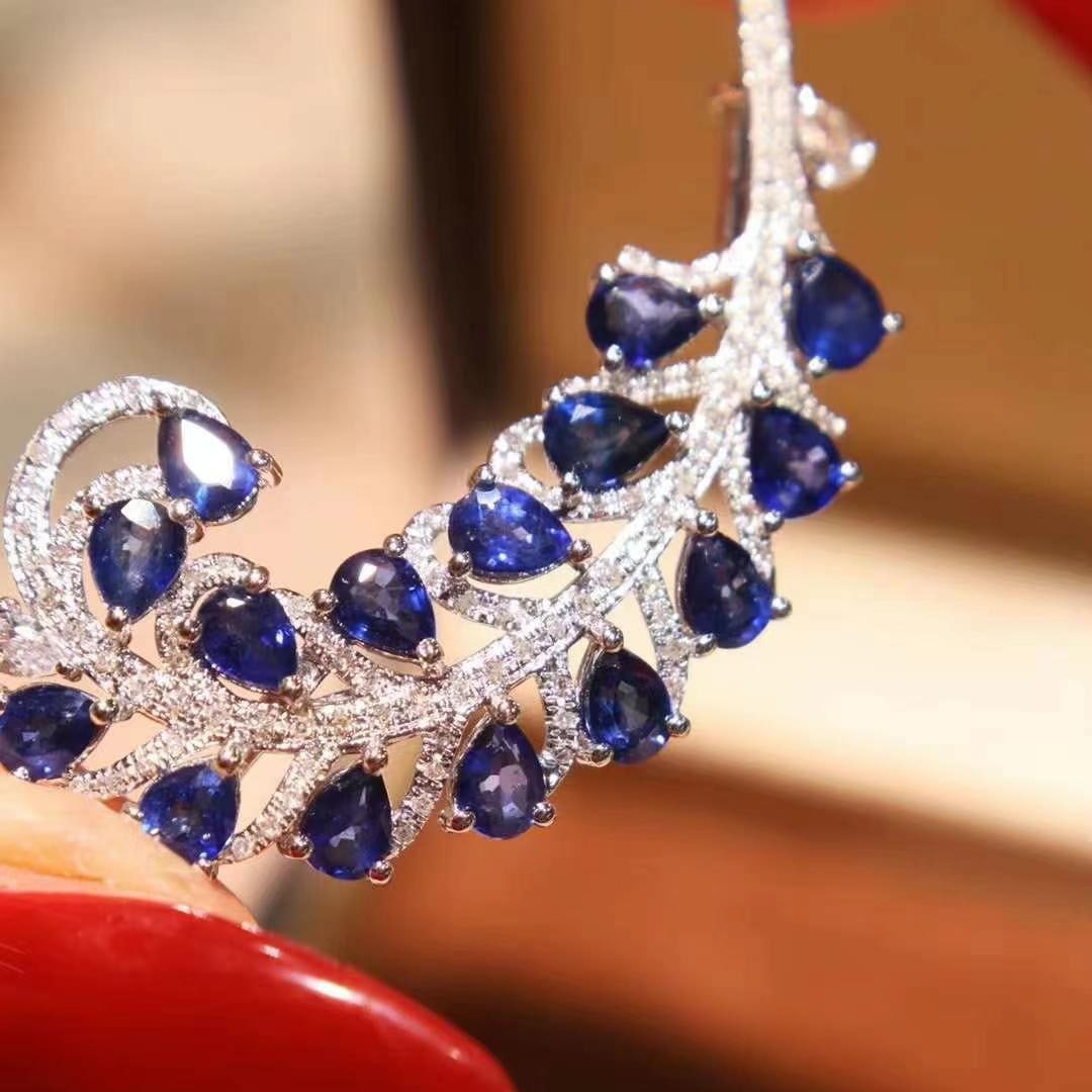 14k Gold 4 Ct Natural Sapphire & Diamond & Sapphire Brooch - 3