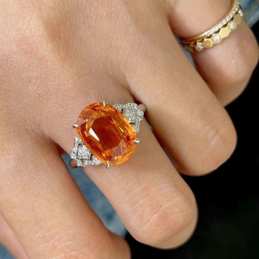 14k Gold 7.35 Ctw Natural Spessartine & Diamond Ring - 2