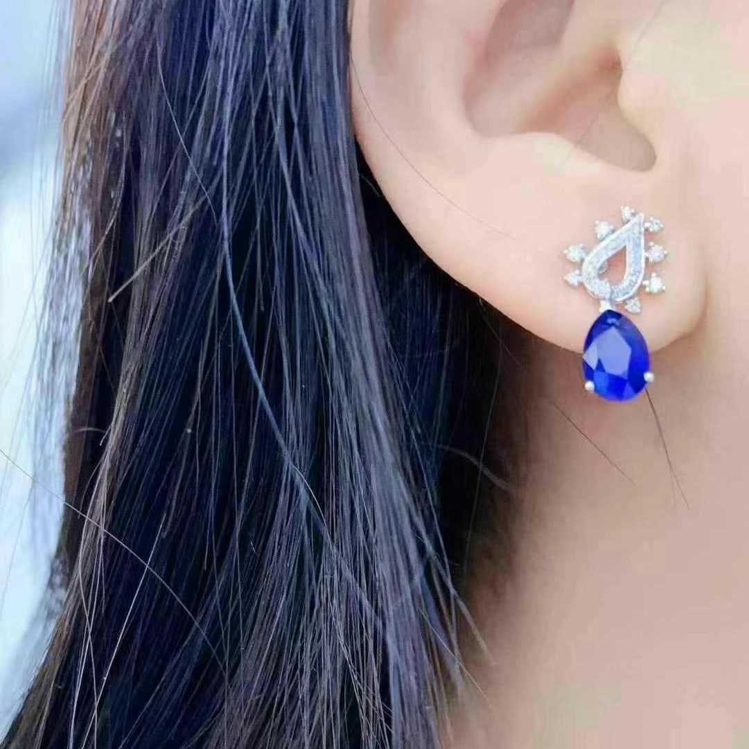 14k Gold 5.75 Ctw Vivid Blue Natural Sapphire & Diamond Earrings - 2