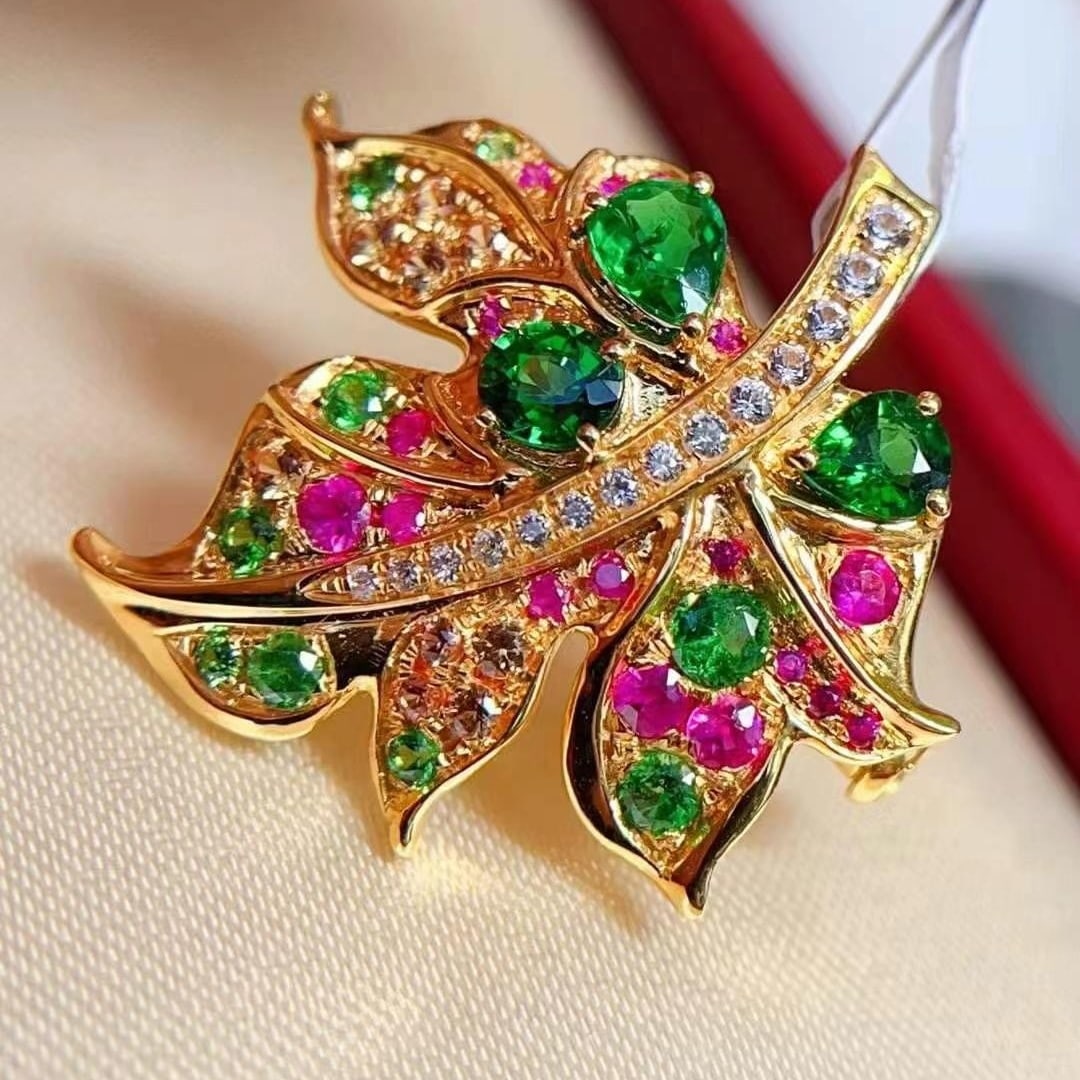 14k Gold 1.1 Ct Natural Tsavorite & Ruby & Sapphire Brooch/pendant( Without Chain ) - 2