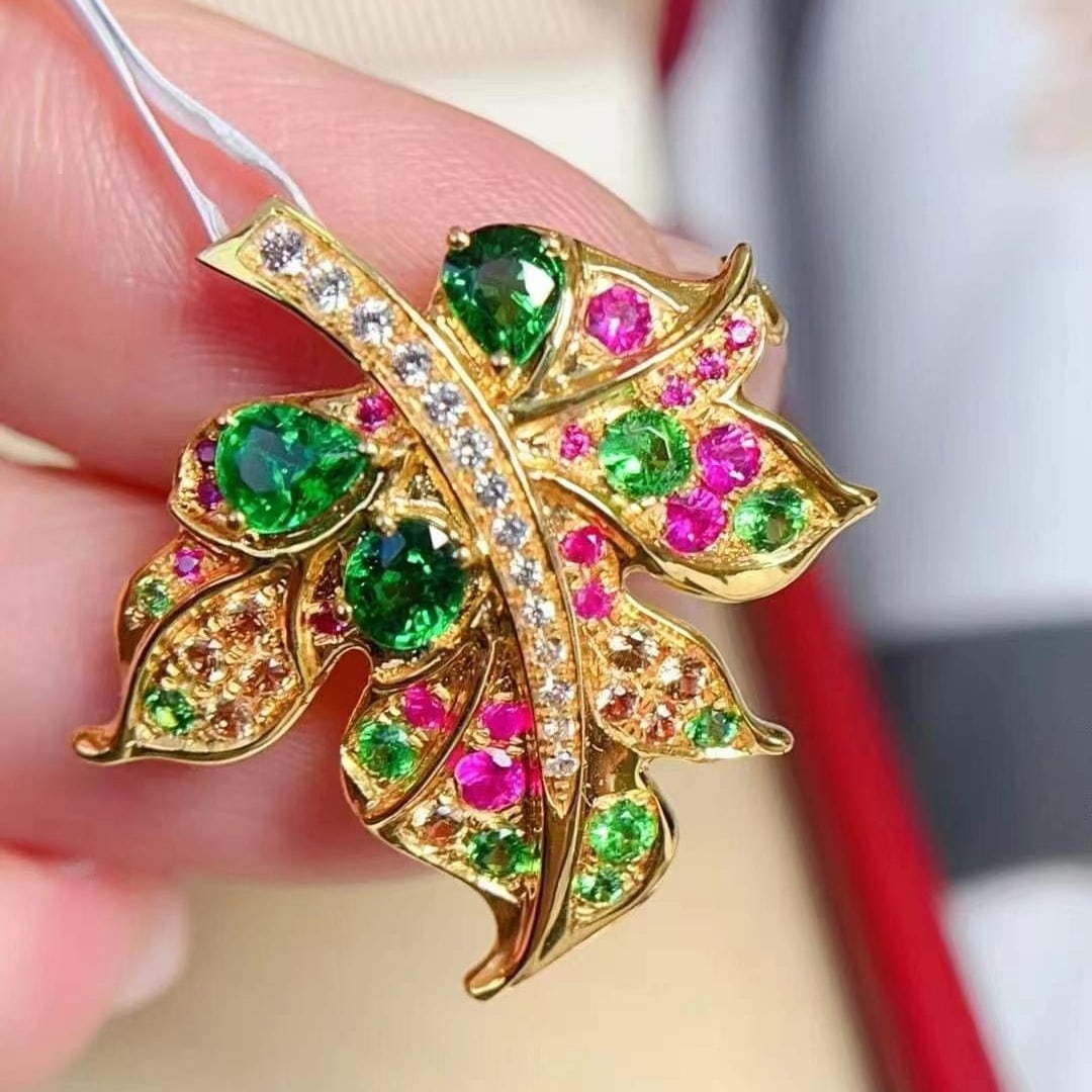 14k Gold 1.1 Ct Natural Tsavorite & Ruby & Sapphire Brooch/pendant( Without Chain ) - 4