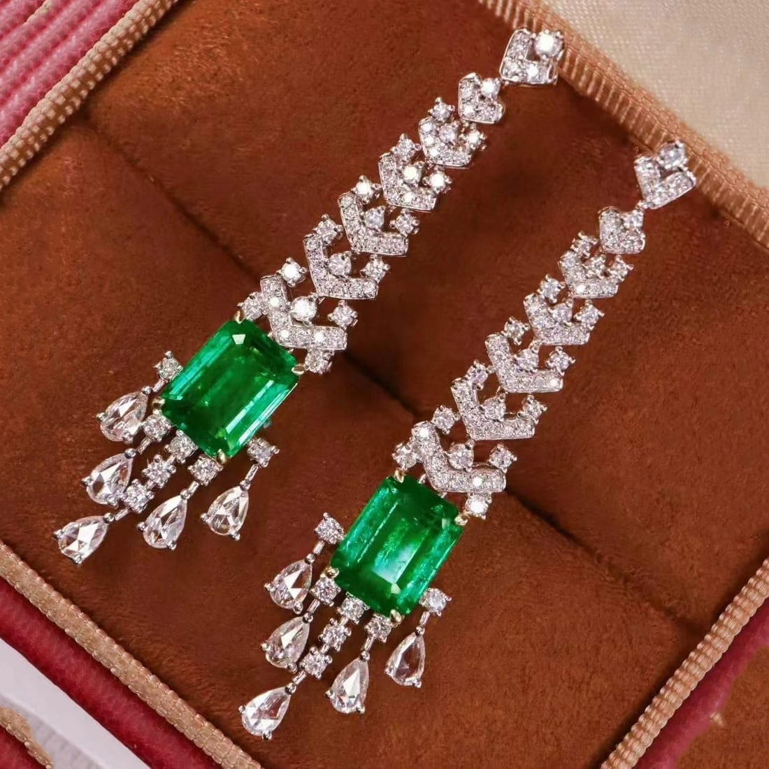 14k Gold 5.24 Ctw Vivid Green Natural Emerald & Diamond Earrings - 2
