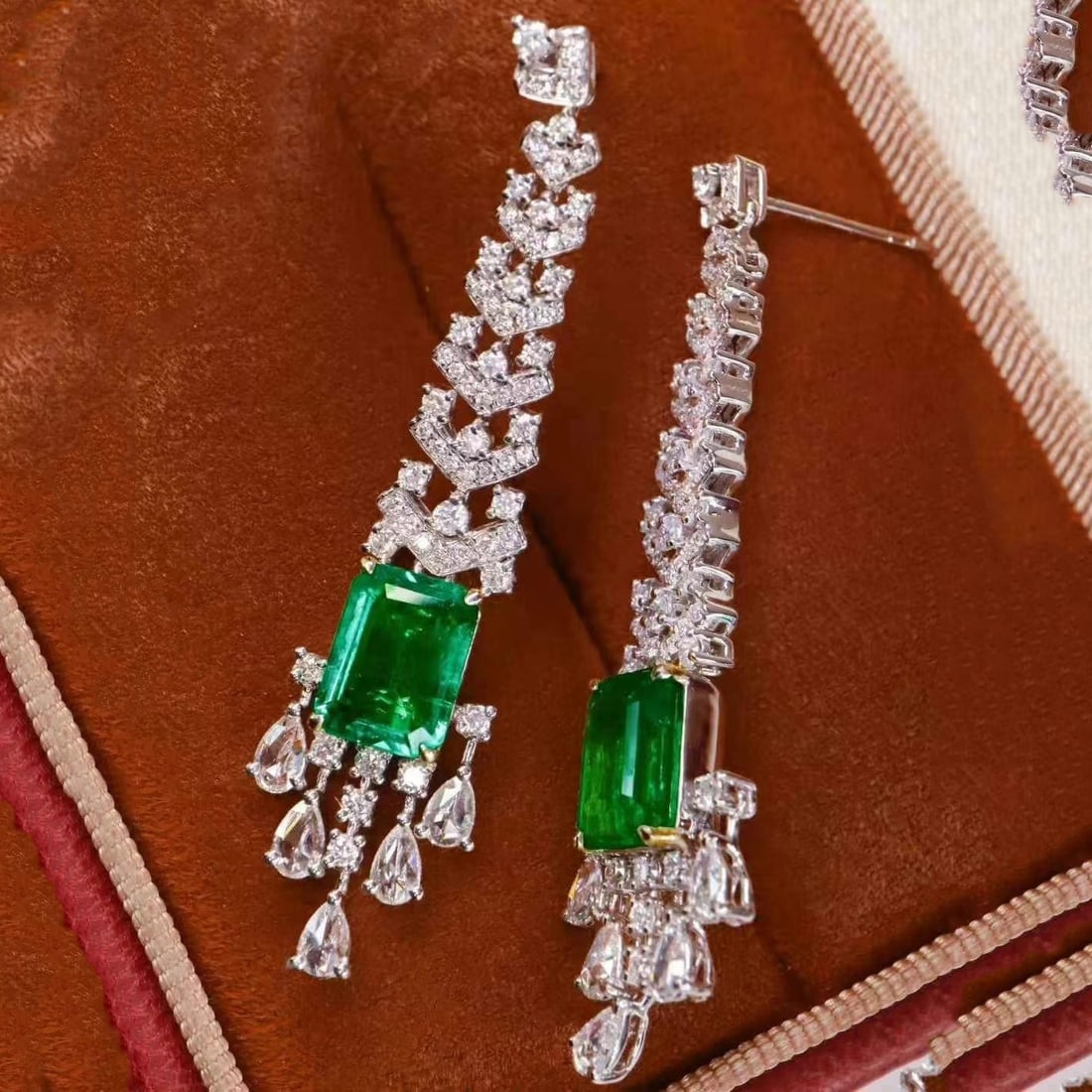14k Gold 5.24 Ctw Vivid Green Natural Emerald & Diamond Earrings - 4