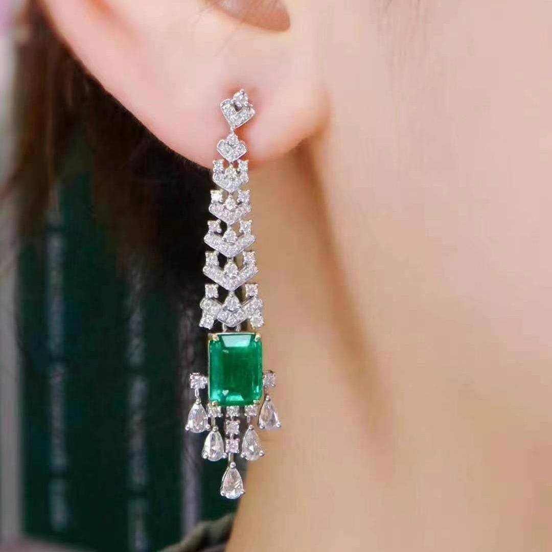 14k Gold 5.24 Ctw Vivid Green Natural Emerald & Diamond Earrings - 5