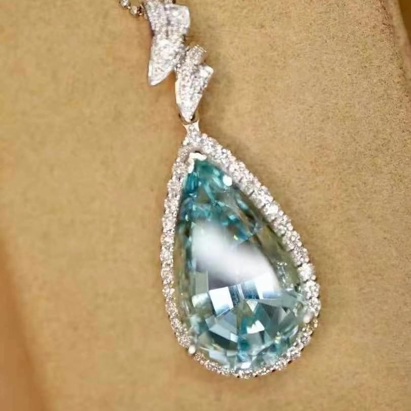 14k Gold 8.02 Ctw Natural Aquamarine & Diamond Pendant( Without Chain ) - 4