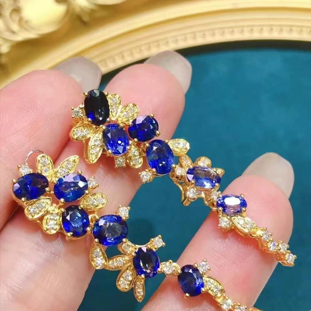14k Gold 6.52 Ctw Natural Sapphire & Diamond Earrings - 4