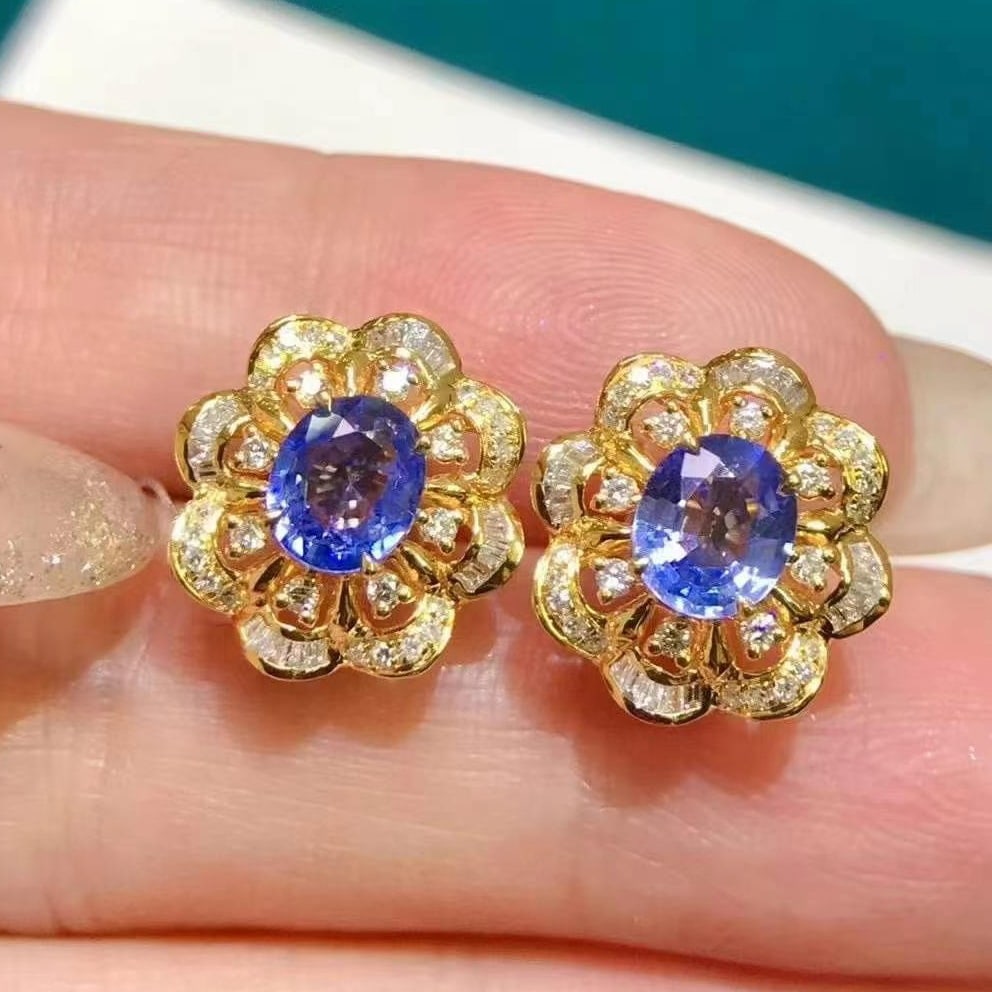 14k Gold 2.05 Ctw Natural Sapphire & Diamond Earrings - 3