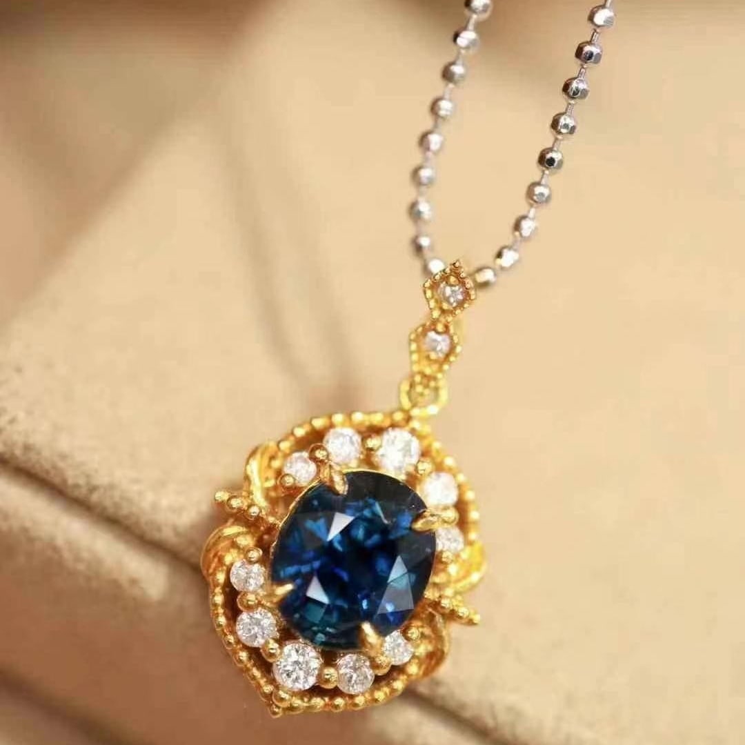 14k Gold 1.49 Ctw Natural Sapphire & Diamond Pendant( Without Chain ) - 3