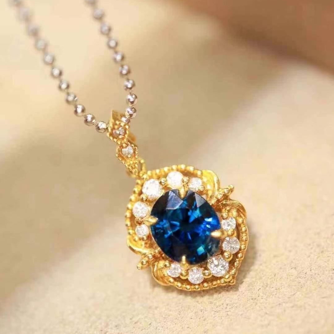 14k Gold 1.49 Ctw Natural Sapphire & Diamond Pendant( Without Chain ) - 9