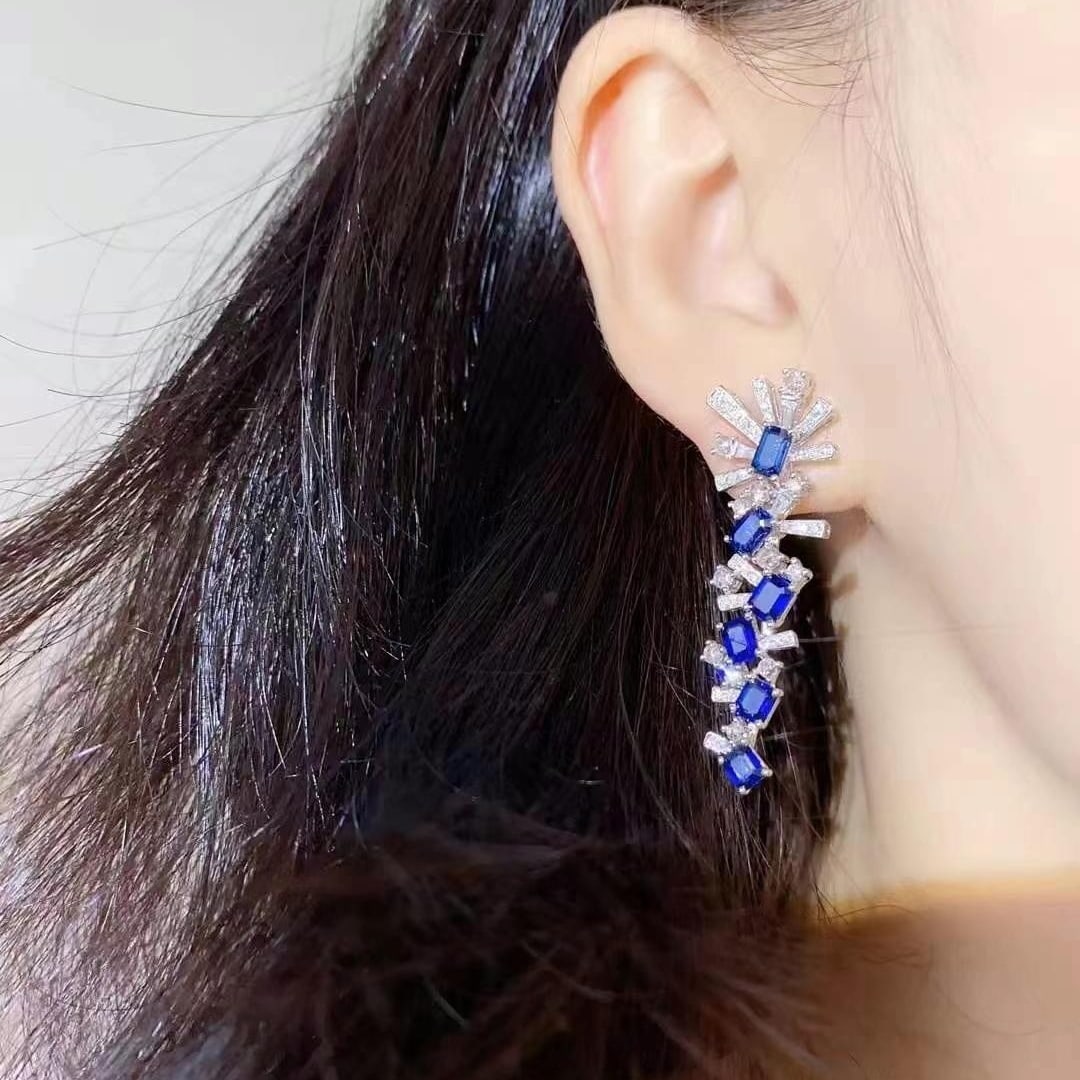 14k Gold 5.31 Ctw Natural Sapphire & Diamond Earrings - 2