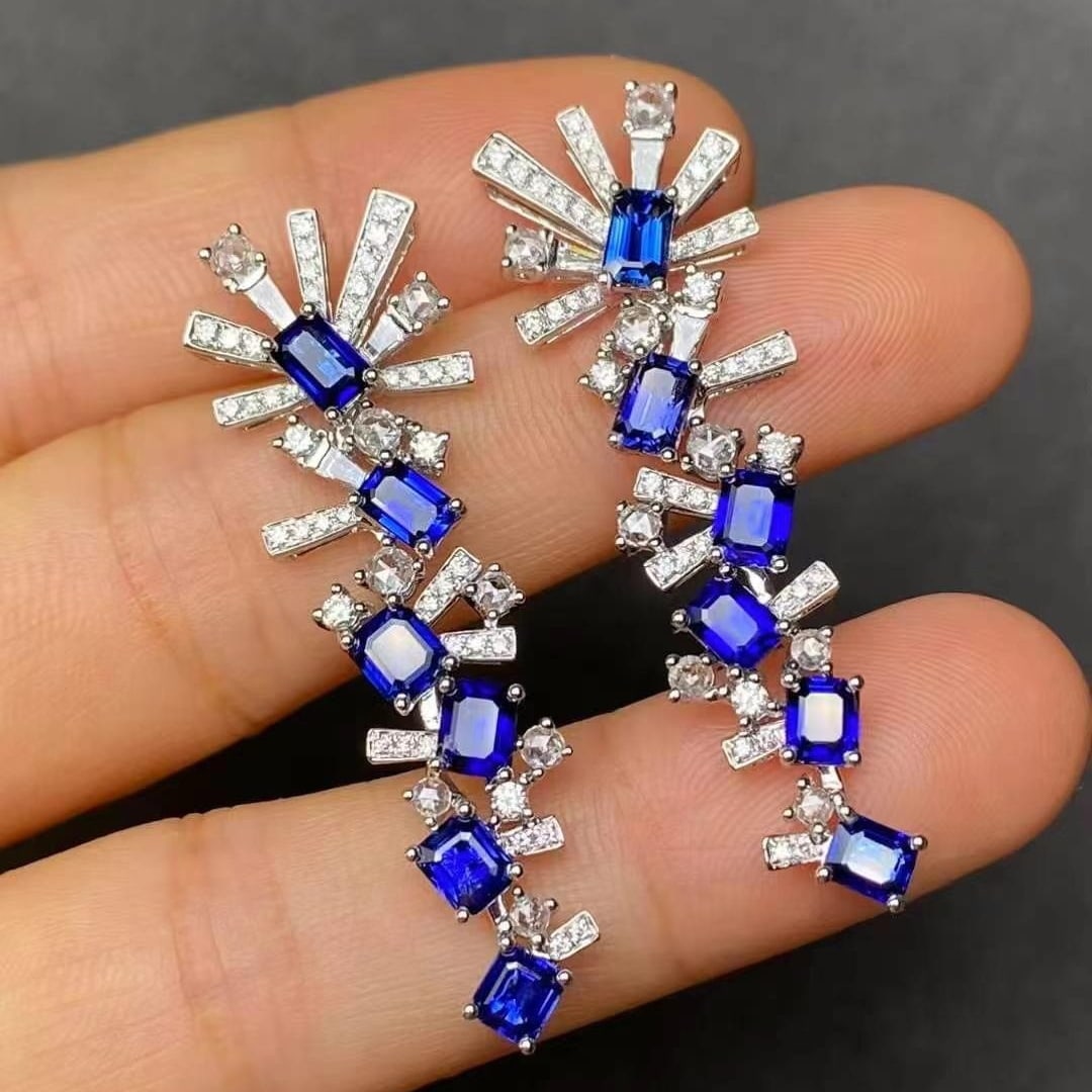 14k Gold 5.31 Ctw Natural Sapphire & Diamond Earrings - 3