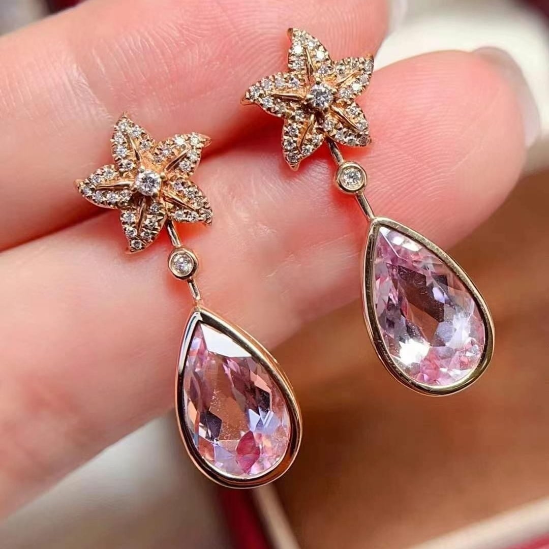 14k Gold 4.2 Ct Natural Morganite & Diamond Earrings - 3