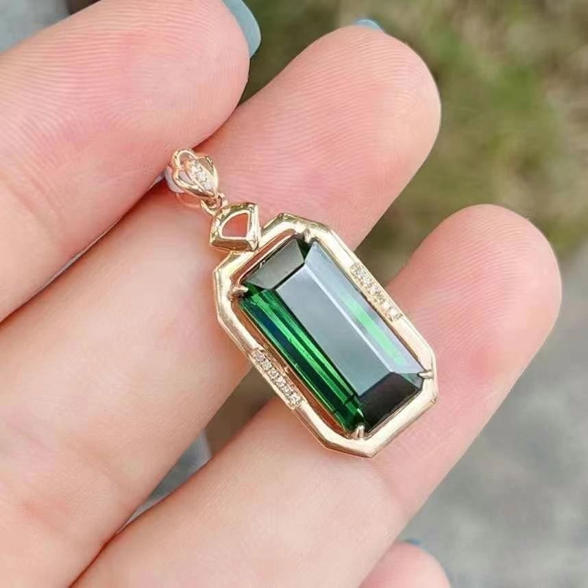 14k Gold 6.20 Ct Natural Tourmaline & Diamond Pendant( Without Chain ) - 2