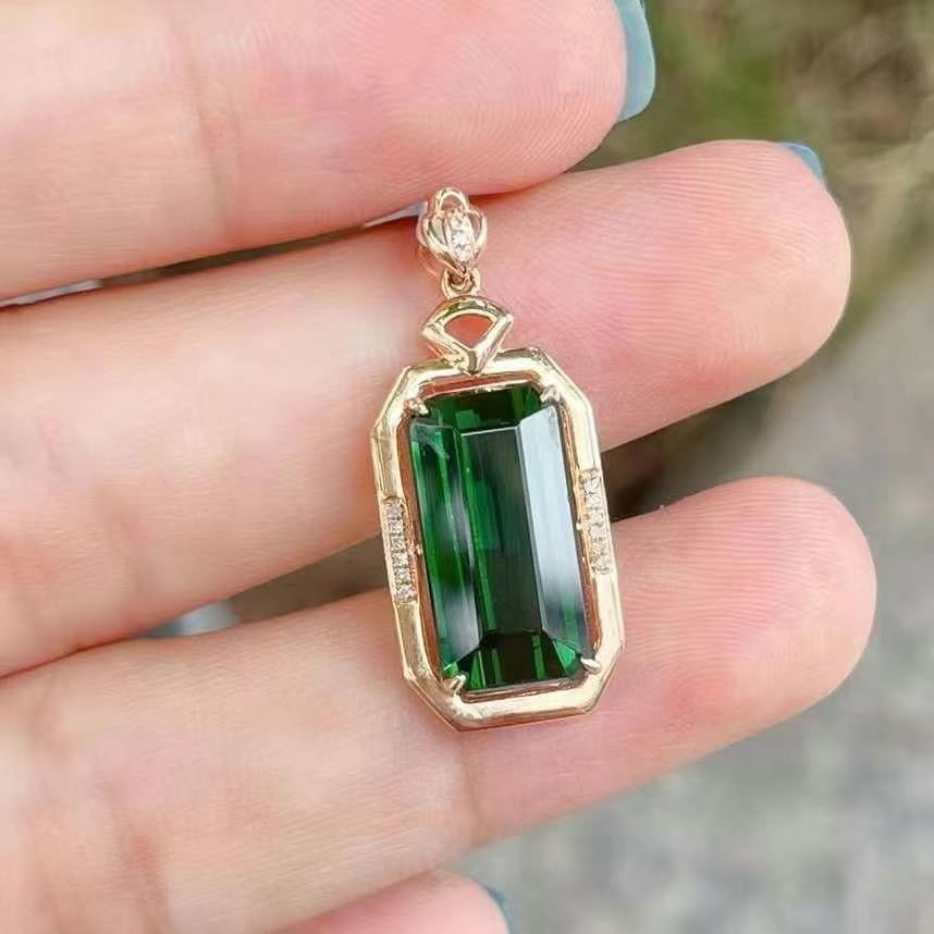 14k Gold 6.20 Ct Natural Tourmaline & Diamond Pendant( Without Chain ) - 3