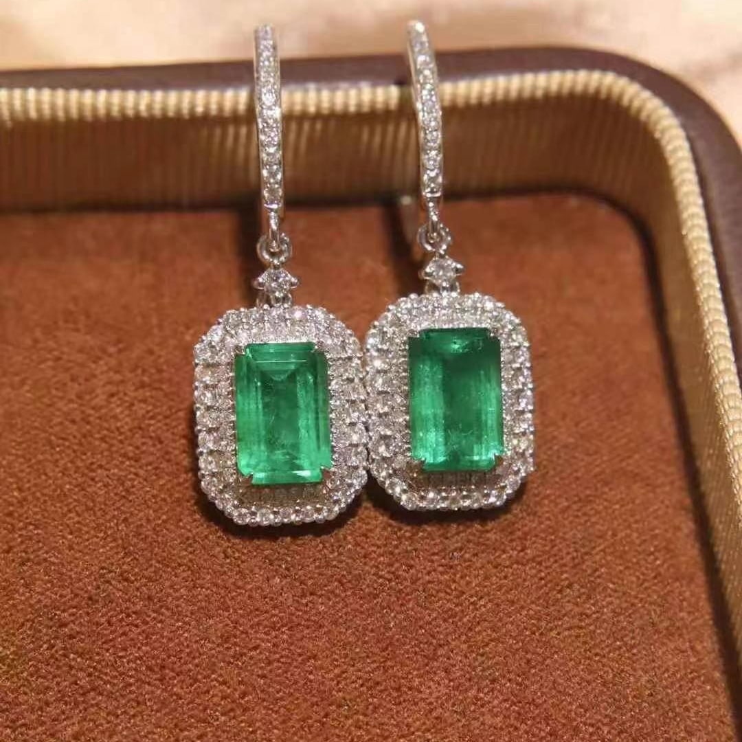14k Gold 3.36 Ctw Natural Emerald & Diamond Earrings - 2