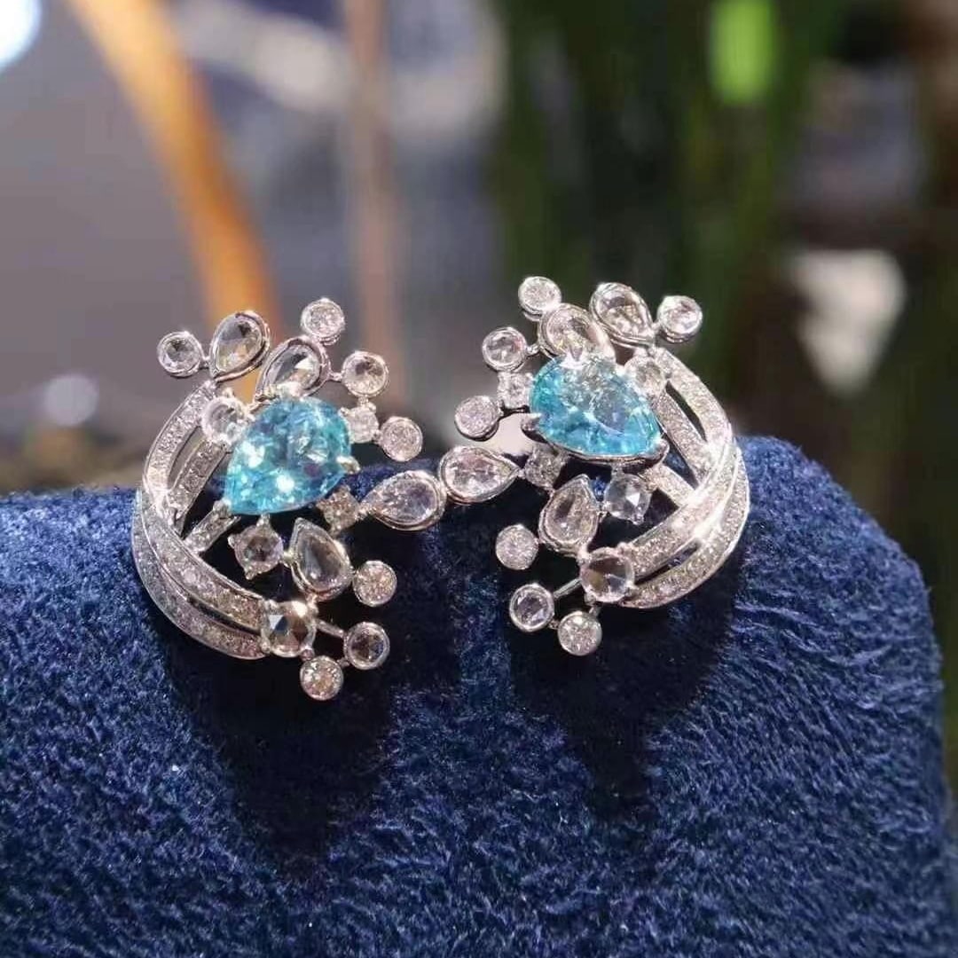 14k Gold 1.27 Ct Natural Paraiba Tourmaline & Diamond Earrings - 3