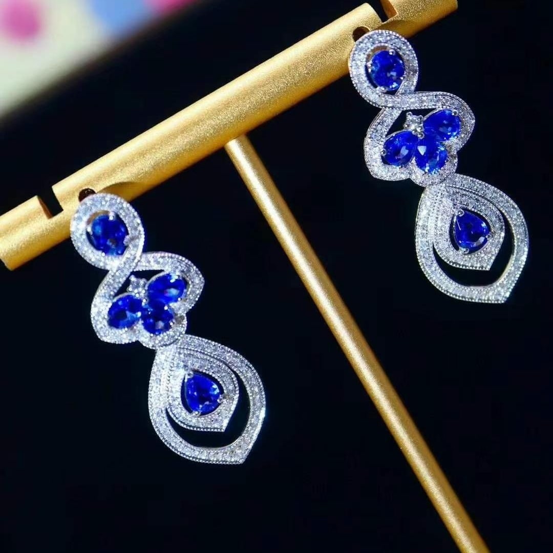 14k Gold 5.54 Ctw Natural Sapphire & Diamond Earrings - 3