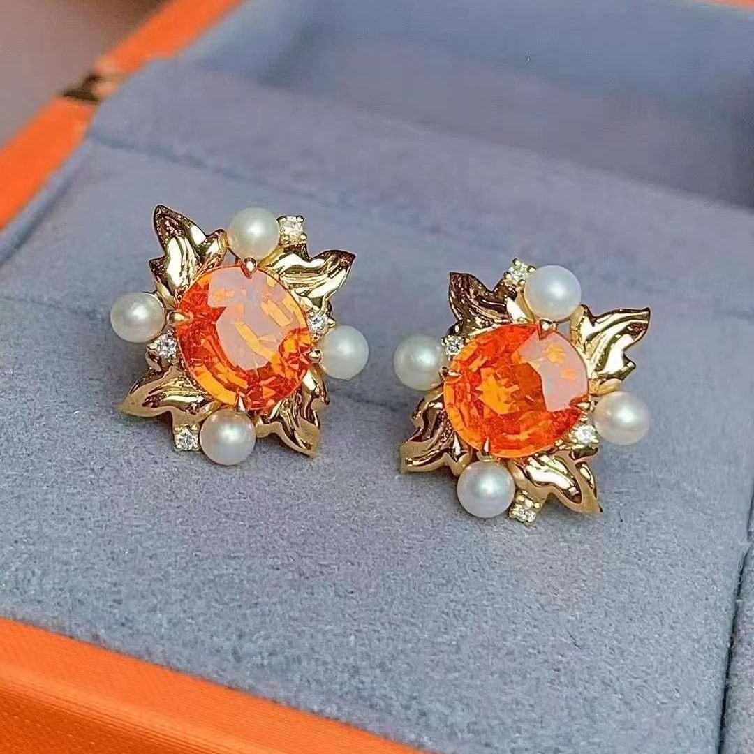 14k Gold 4.88 Ct Natural Spessartine & Diamond Earrings - 3