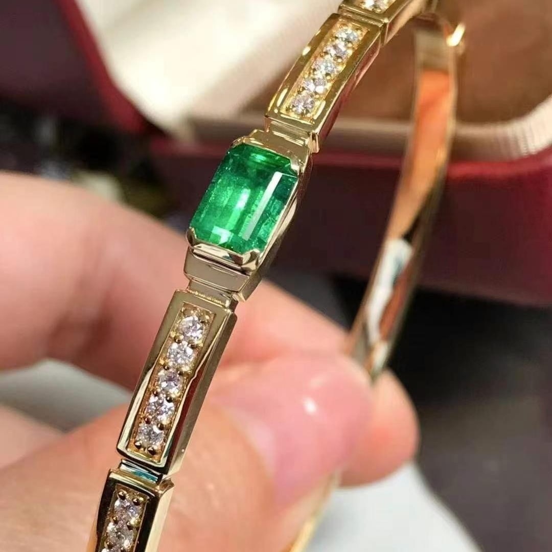 14k Gold 1.6 Ctw Natural Emerald & Diamond Bangle (1 of 7)